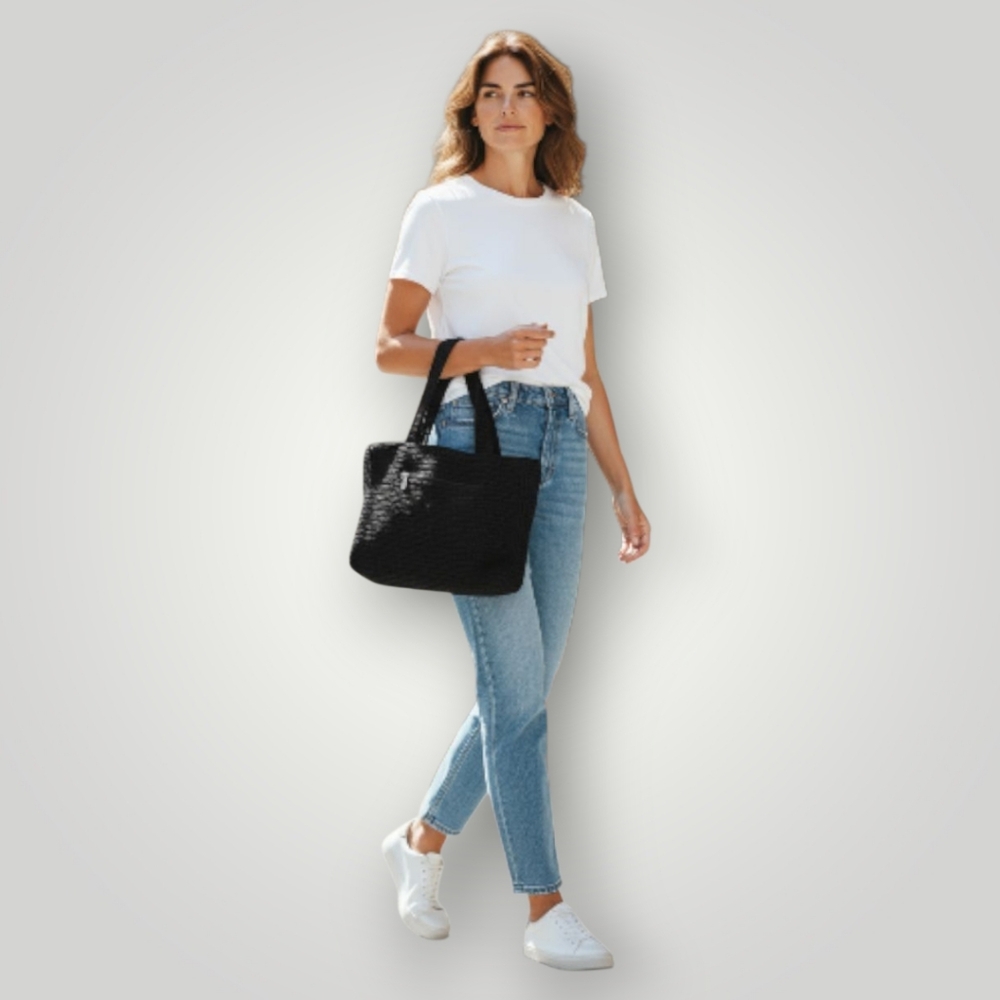 The Sak Black Crochet Shoulder Bag Zip Top, Front Pocket Nylon Lining‎
